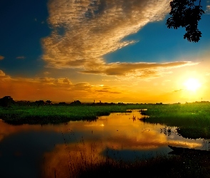 Jezioro, Chmury, Zachód, Słońca