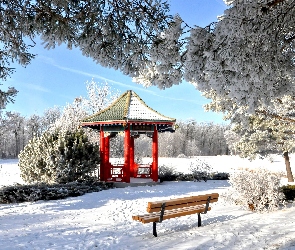 Ławka, Park, Drzewa, Zima, Altana