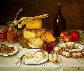 Wino, Stół, Owoce, Ciasta, Ser