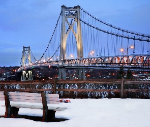 Most, Zima, Ławka, Rzeka, Oświetlony