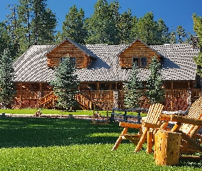Drewniany, Leżaki, Trawnik, Dom