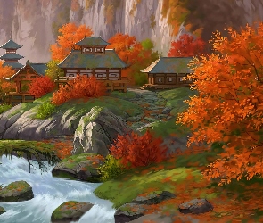 Japońska, Malarstwo, Rzeka, Jesień, Pagoda