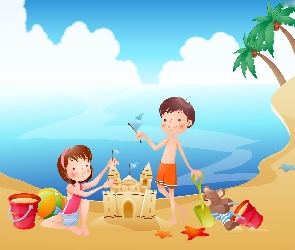 Zabawa, Plaża, Dzieci, Morze