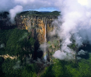 Las, Wodospad, Chmury, Skały