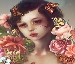 Kobieta, Motyle, Kwiaty