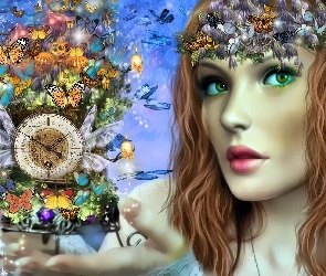 Josephine Wall, Fantastyka, Zegar, Dziewczyna, Czas, Motyle