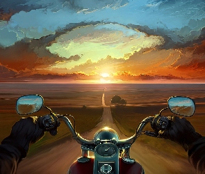 Obraz, Słońca, Motocykl, Zachód, Droga