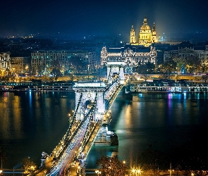 Most, Noc, Rzeka, Miasta, Dunaj, Panorama, Węgry, Budapeszt