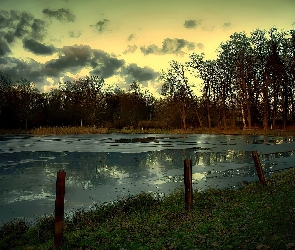 Drzewa, Jesień, Jezioro, Chmury
