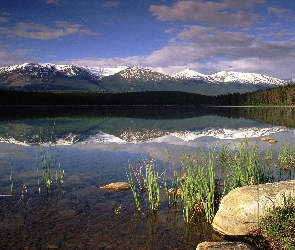 Góry, Ośnieżone, Jezioro, Lasy