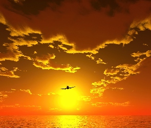 Samolot, Morze, Słońca, Zachód