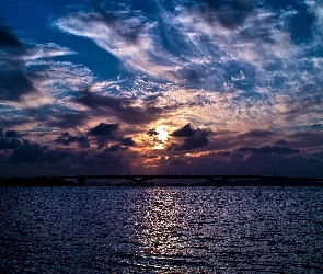 Słońca, Morze, Most, Chmury, Zachód