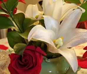 Bukiet, Róża, Lilie, Kwiatów