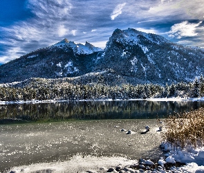 Góry, Jezioro, Śnieg, Las, Wysokość