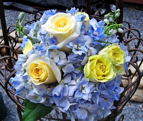 Bukiet, Kwiatuszki, Róż, Niebieskie, Żółtych