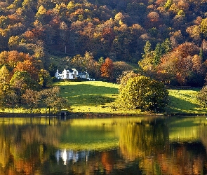 Drzewa, Domek, Biały, Jezioro, Jesień