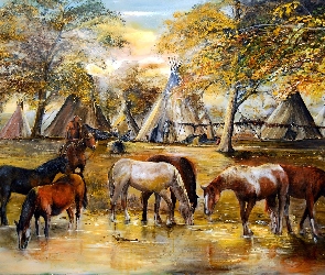 Konie, Indiańska, Osada, Rzeka
