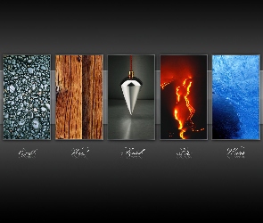 Ogien, Ziemia, Drewno, Metal, Woda