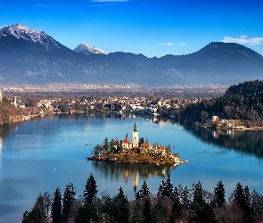 Jezioro, Słowenia, Bled, Wyspa, Góry