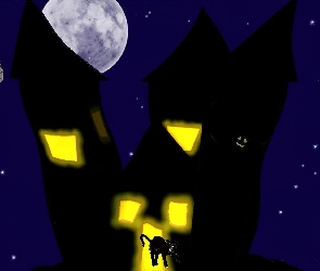 księżyc, domek , Halloween, kot
