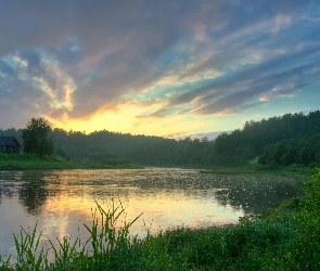 Trawa, Las, Słońce, Zachód, Chmury, Jezioro