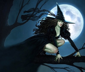 Halloween, Księżyca, Czarownica, Pełnia, Kobieta