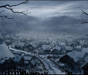 Mgła, Śnieg, Malarstwo, Andreas Rocha, Wioska, Zima