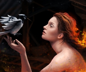 Kobieta, Ptak, Ogień, Warkocz