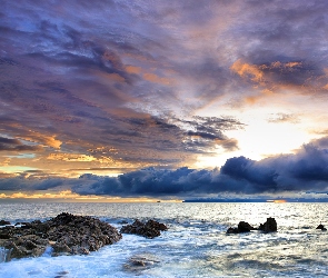 Chmury, Morze, Słońca, Zachód