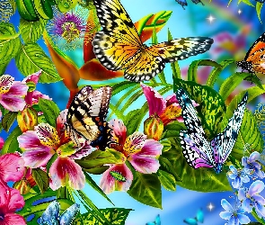 Kwiaty, Motyle, Kolorowe