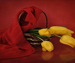 Tulipany, Szal, Czerwony, Koszyk, Żółte