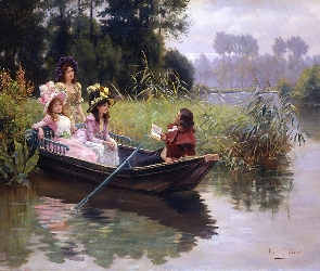 Kobiety, Łódka, Staw, Mężczyzna, Dwie