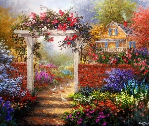 Ogród, Kwiaty, Dom