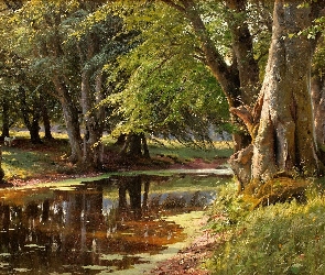 Las, Peder Monsted, Obraz, Malarstwo, Rzeczka