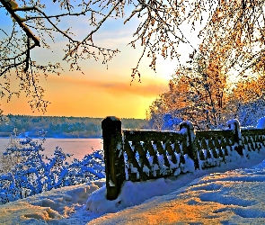 Zachód, Drzewa, Śnieg, Słońca