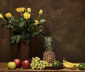 Winogrona, Róż, Bukiet, Owoce, Banany, Jabłka, Limonka, Ananas