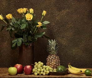 Róż, Jabłka, Bukiet, Winogrona, Limonka, Ananas, Owoce, Banany