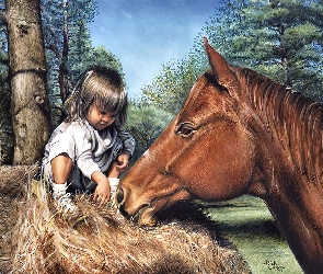 Dziewczynka, Drzewa, Koń