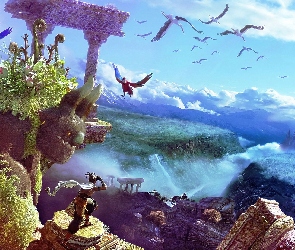 Fantasy, Stwór, Bociany, Ptaki, Papugi, Zamek
