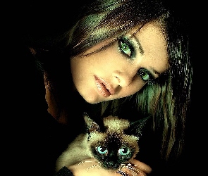Dziewczyna, Oczy, Zielone, Kot