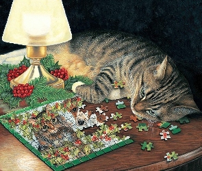 Kot, Narodzenie, Lampa, Boże, Puzzle