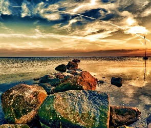 Chmury, Kamienie, Plaża, Morze