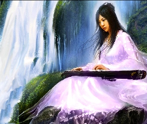 Dziewczyna, Instrument, Wodospad