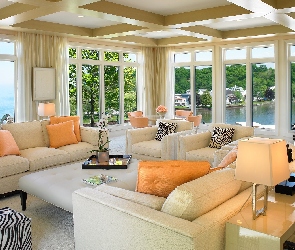 Salon, Widok, Piękny, Okna, Biały