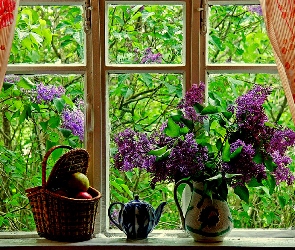 Okno, Bez, Kwiaty, Drzewa