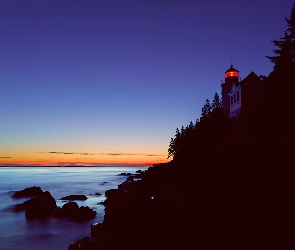 Morze, Maine, Bass Harbor, Noc, Latarnia Morska