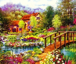 Ogród, Kwiaty, Rzeka, Dom, Mostek