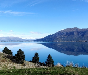 Jezioro, Nowa Zelandia, Góry, Hawea, Drzewa