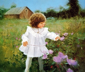 Kwiaty, Łąka, Dziecko, Dziewczynka
