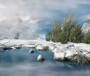 Śnieg, Chmury, Jezioro, Kamienie